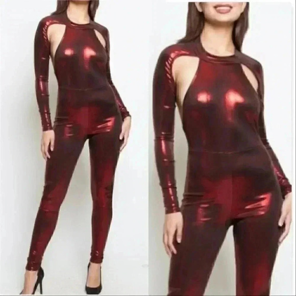 SILVER OR BURGUNDY METALLIC JUMPSUIT - Picture 1 of 2